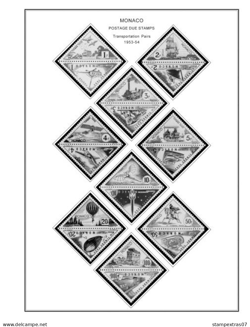 MONACO 1855-2010 + 2011-2020 STAMP ALBUM PAGES (409 b&w illustrated pages)