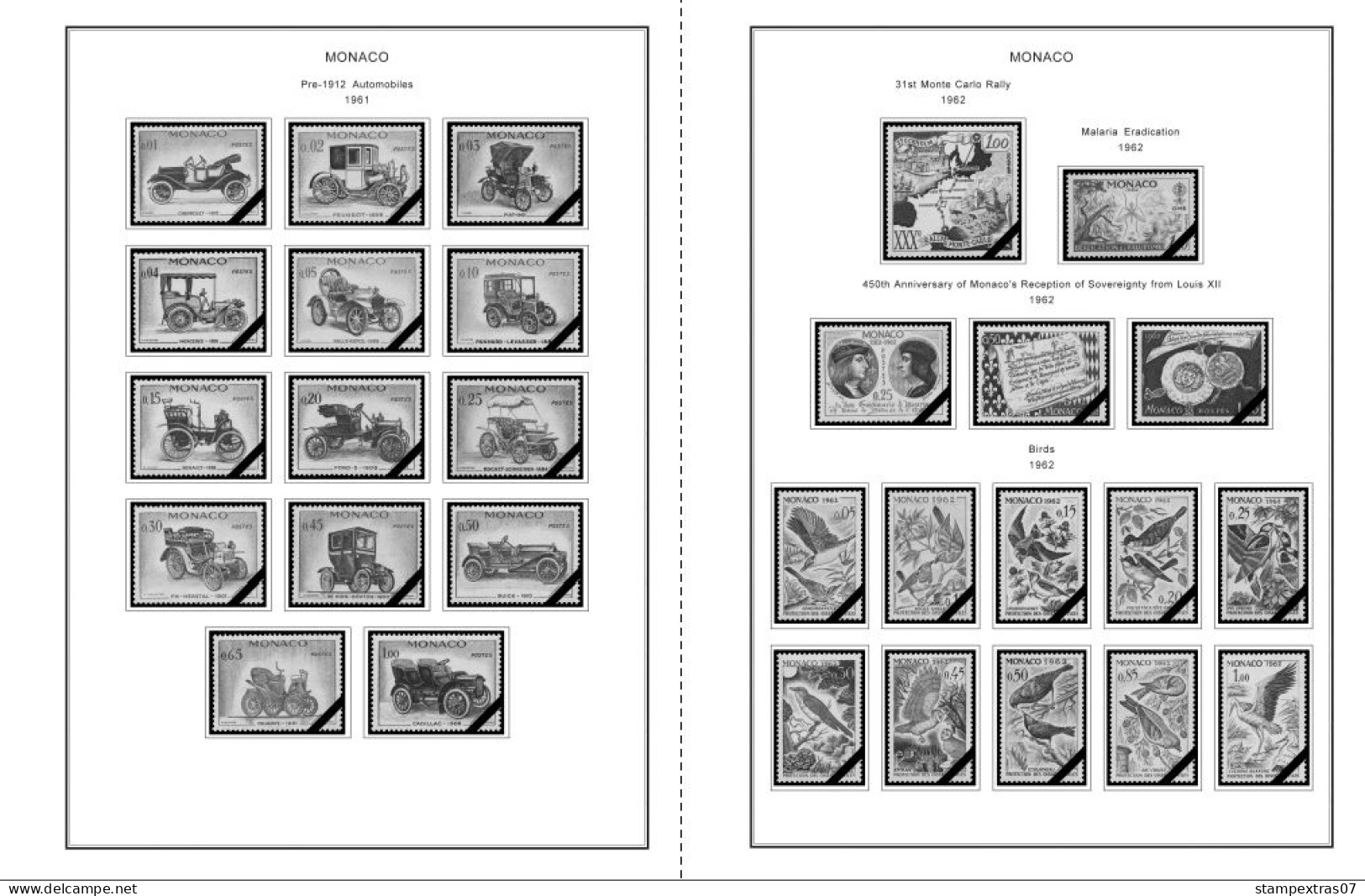 MONACO 1855-2010 + 2011-2020 STAMP ALBUM PAGES (409 b&w illustrated pages)