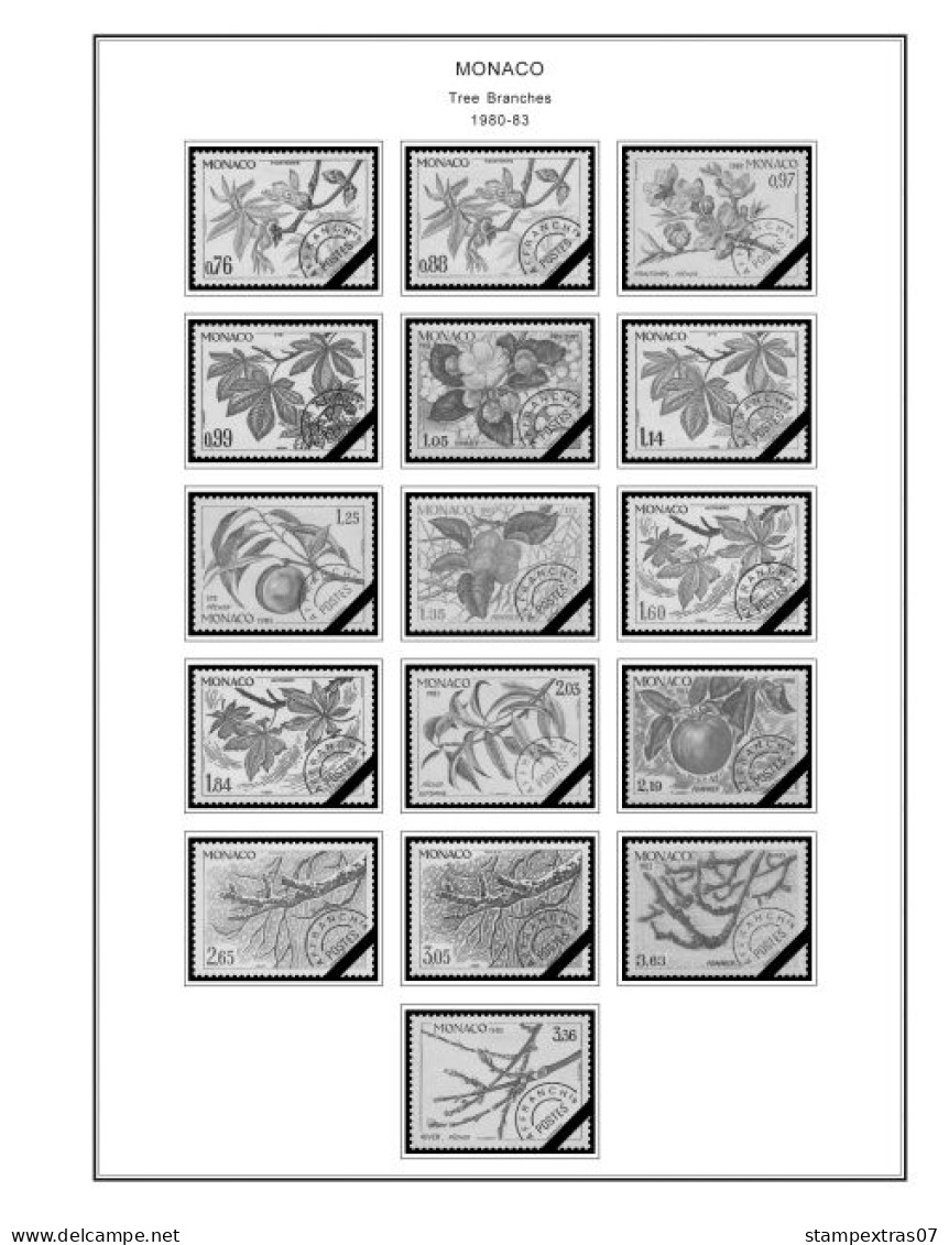 MONACO 1855-2010 + 2011-2020 STAMP ALBUM PAGES (409 b&w illustrated pages)