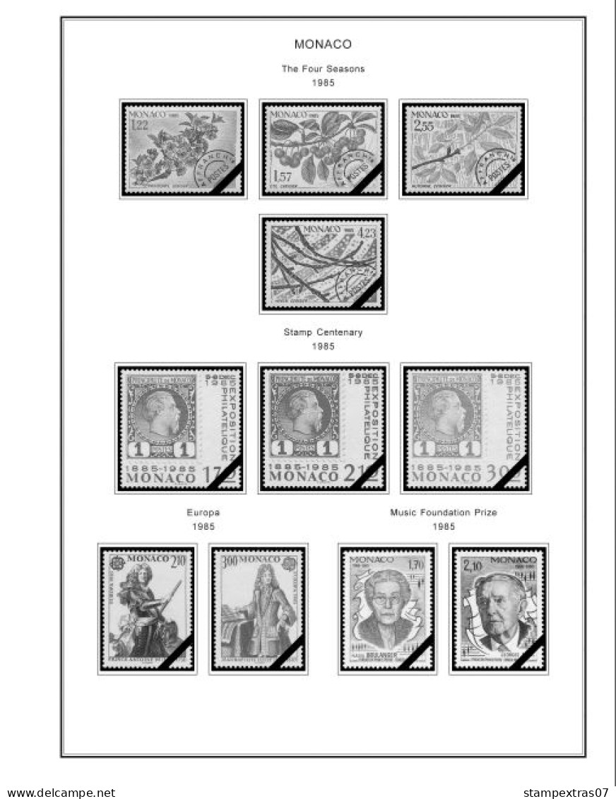 MONACO 1855-2010 + 2011-2020 STAMP ALBUM PAGES (409 b&w illustrated pages)