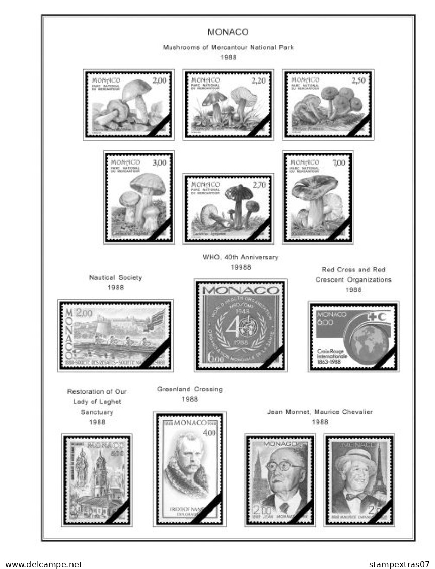 MONACO 1855-2010 + 2011-2020 STAMP ALBUM PAGES (409 b&w illustrated pages)