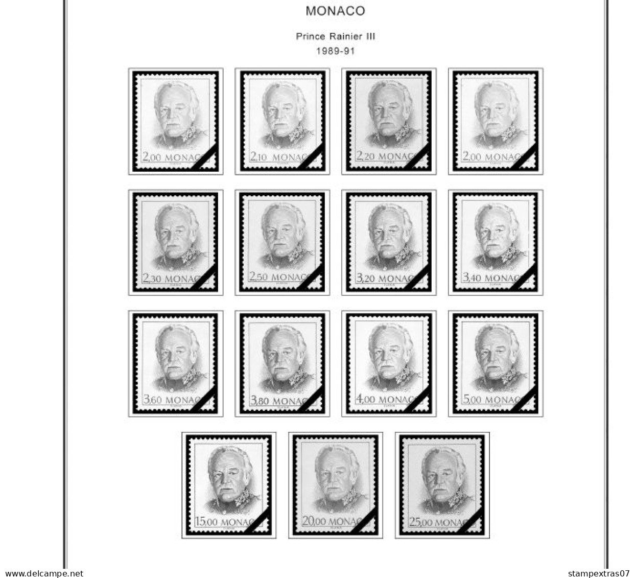 MONACO 1855-2010 + 2011-2020 STAMP ALBUM PAGES (409 b&w illustrated pages)