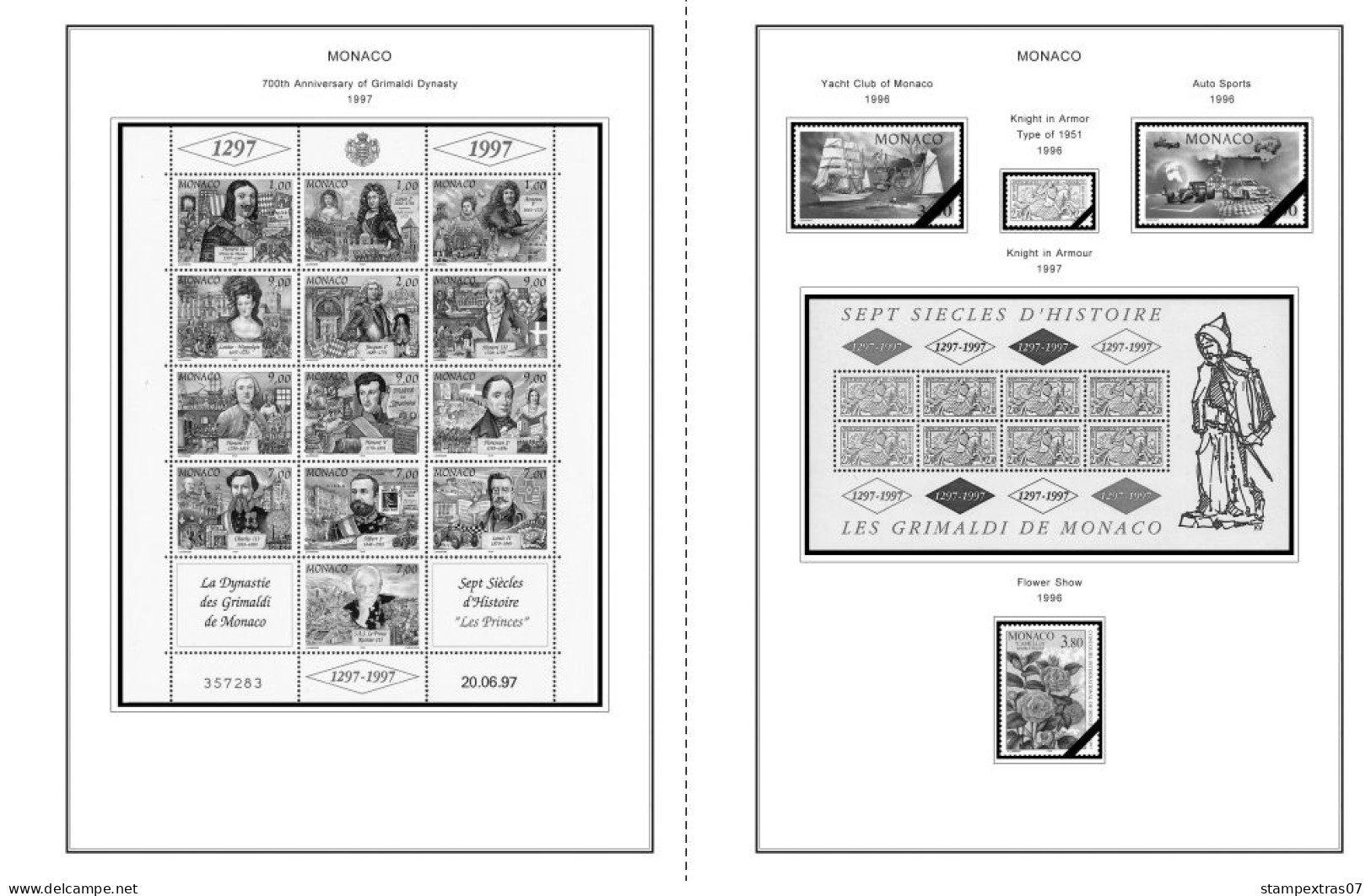 MONACO 1855-2010 + 2011-2020 STAMP ALBUM PAGES (409 b&w illustrated pages)