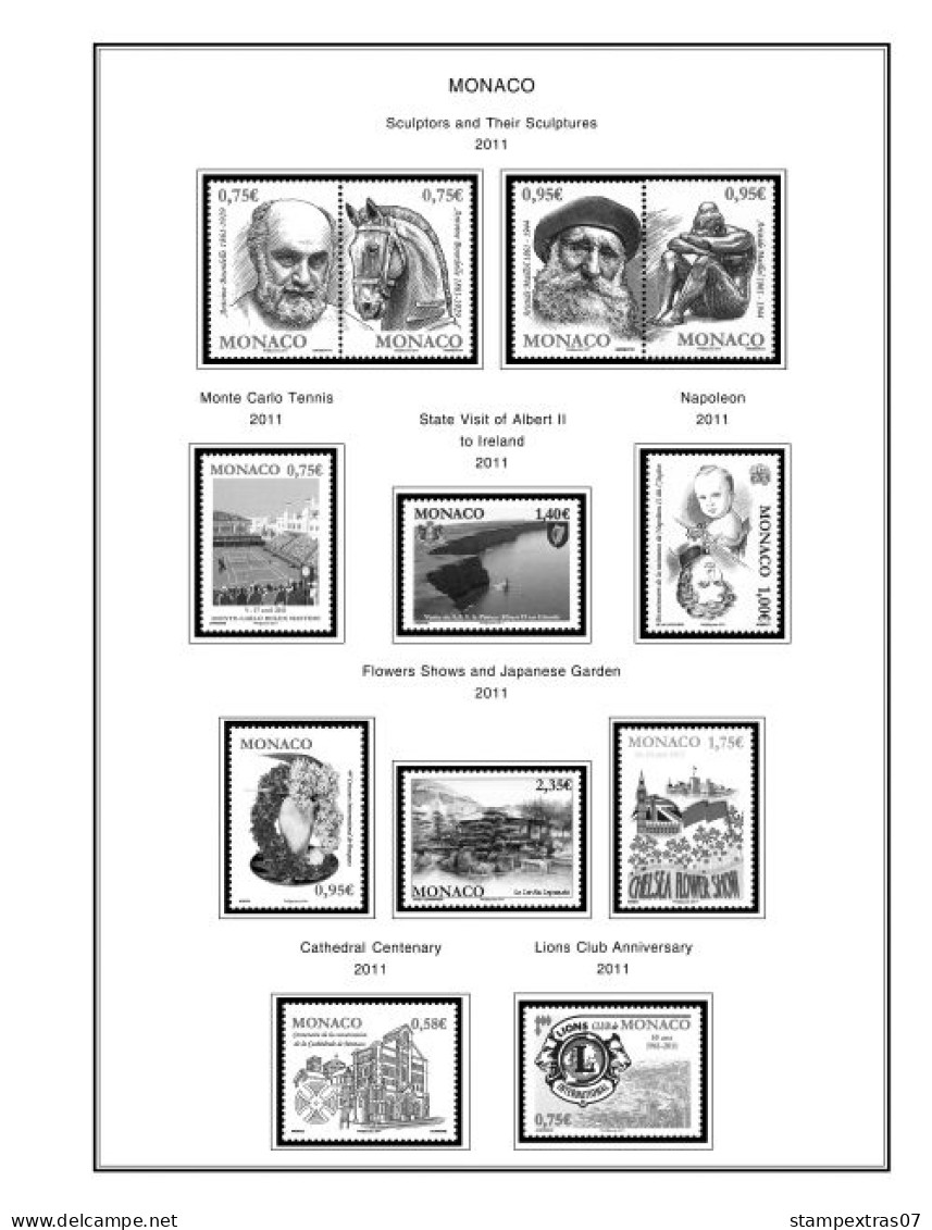 MONACO 1855-2010 + 2011-2020 STAMP ALBUM PAGES (409 b&w illustrated pages)