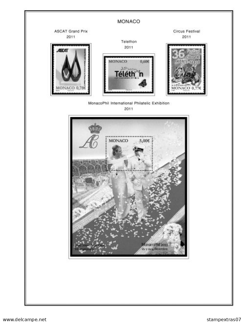 MONACO 1855-2010 + 2011-2020 STAMP ALBUM PAGES (409 b&w illustrated pages)