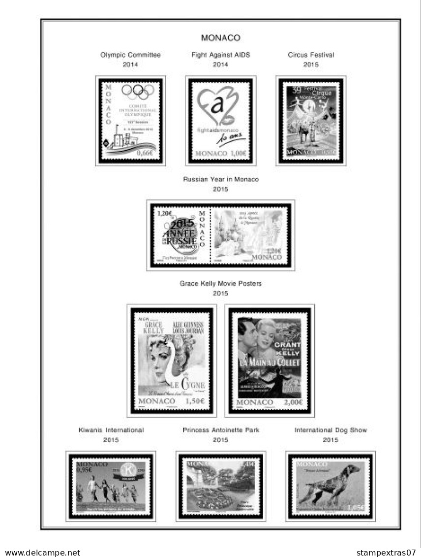 MONACO 1855-2010 + 2011-2020 STAMP ALBUM PAGES (409 b&w illustrated pages)