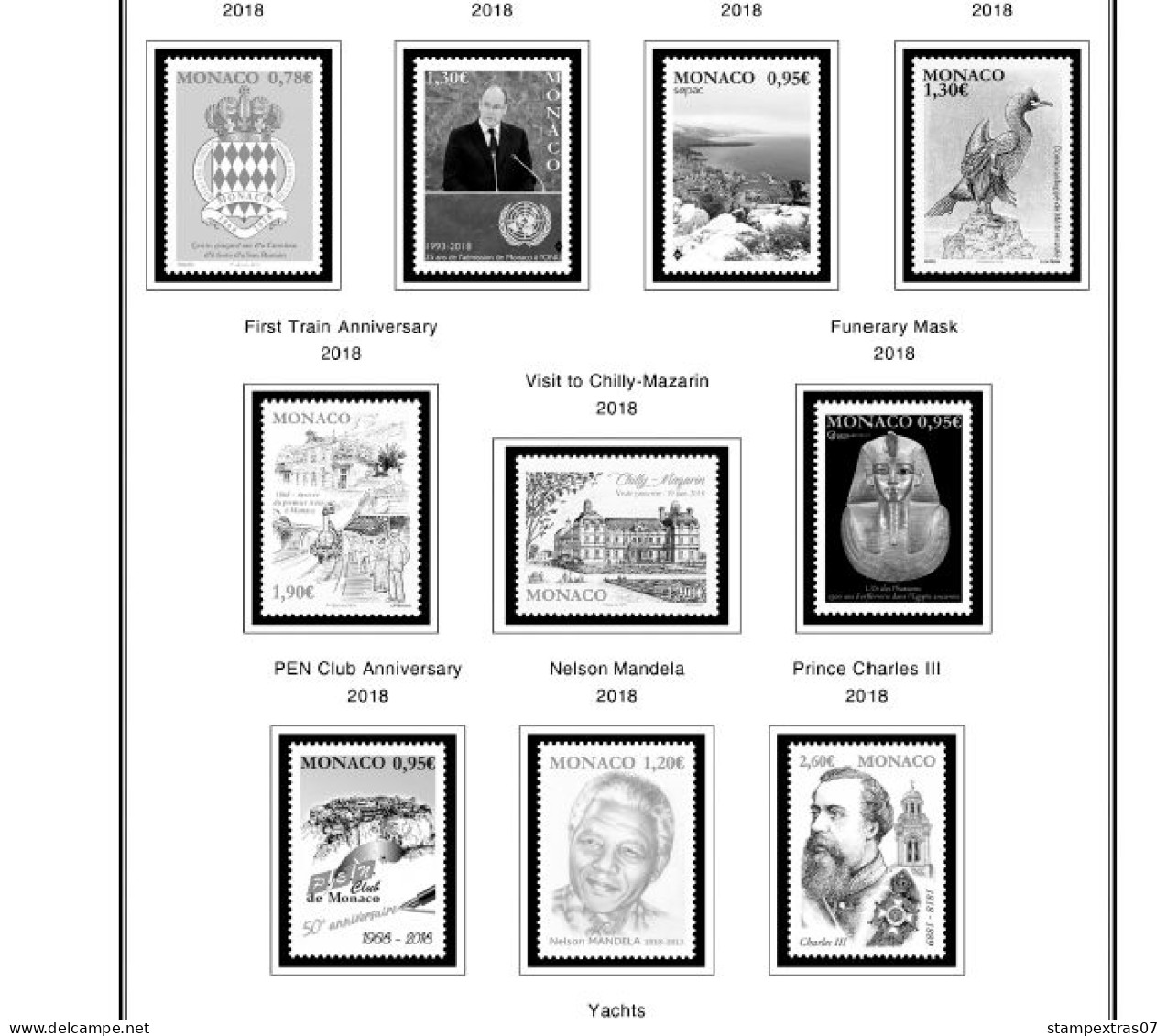 MONACO 1855-2010 + 2011-2020 STAMP ALBUM PAGES (409 b&w illustrated pages)