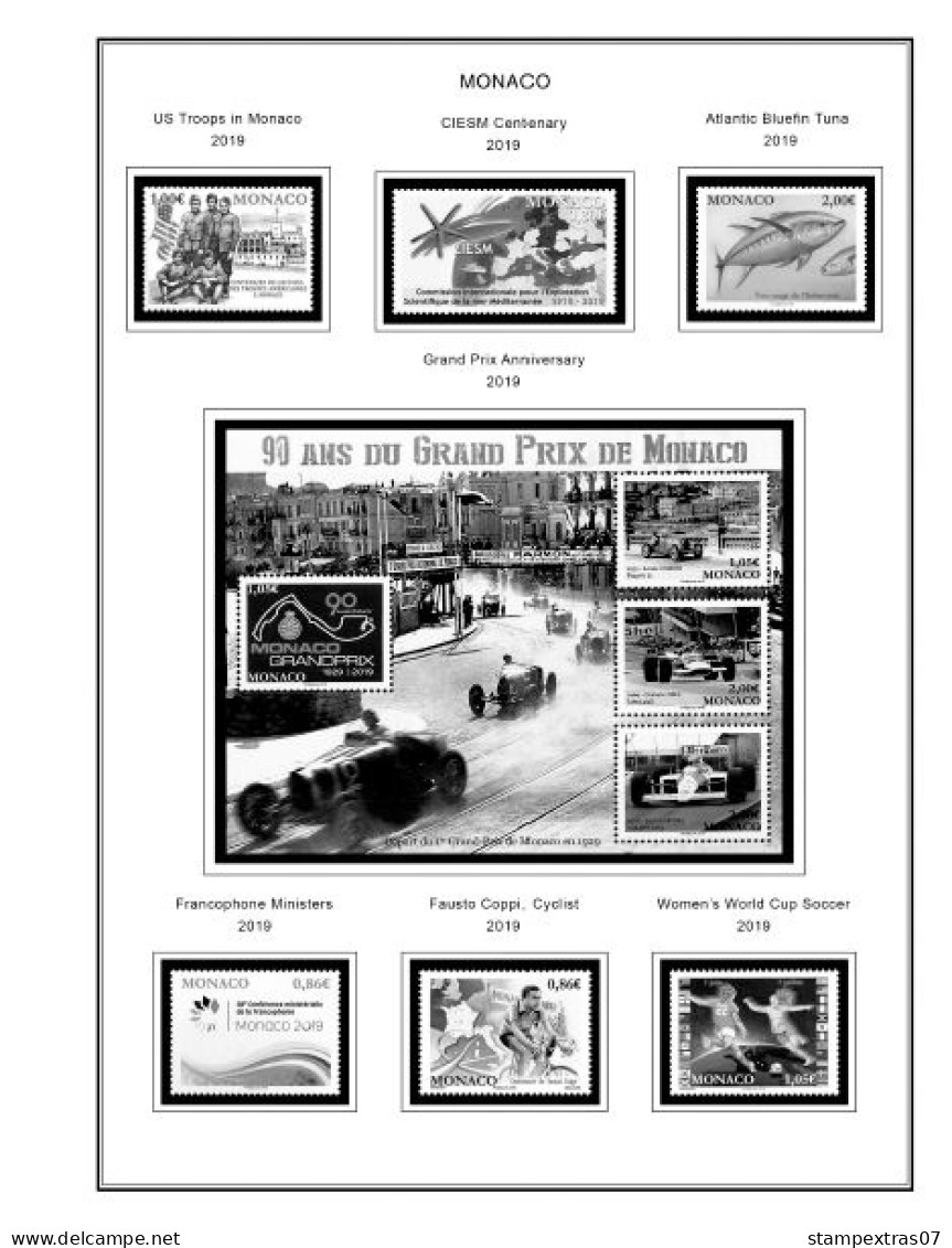 MONACO 1855-2010 + 2011-2020 STAMP ALBUM PAGES (409 b&w illustrated pages)