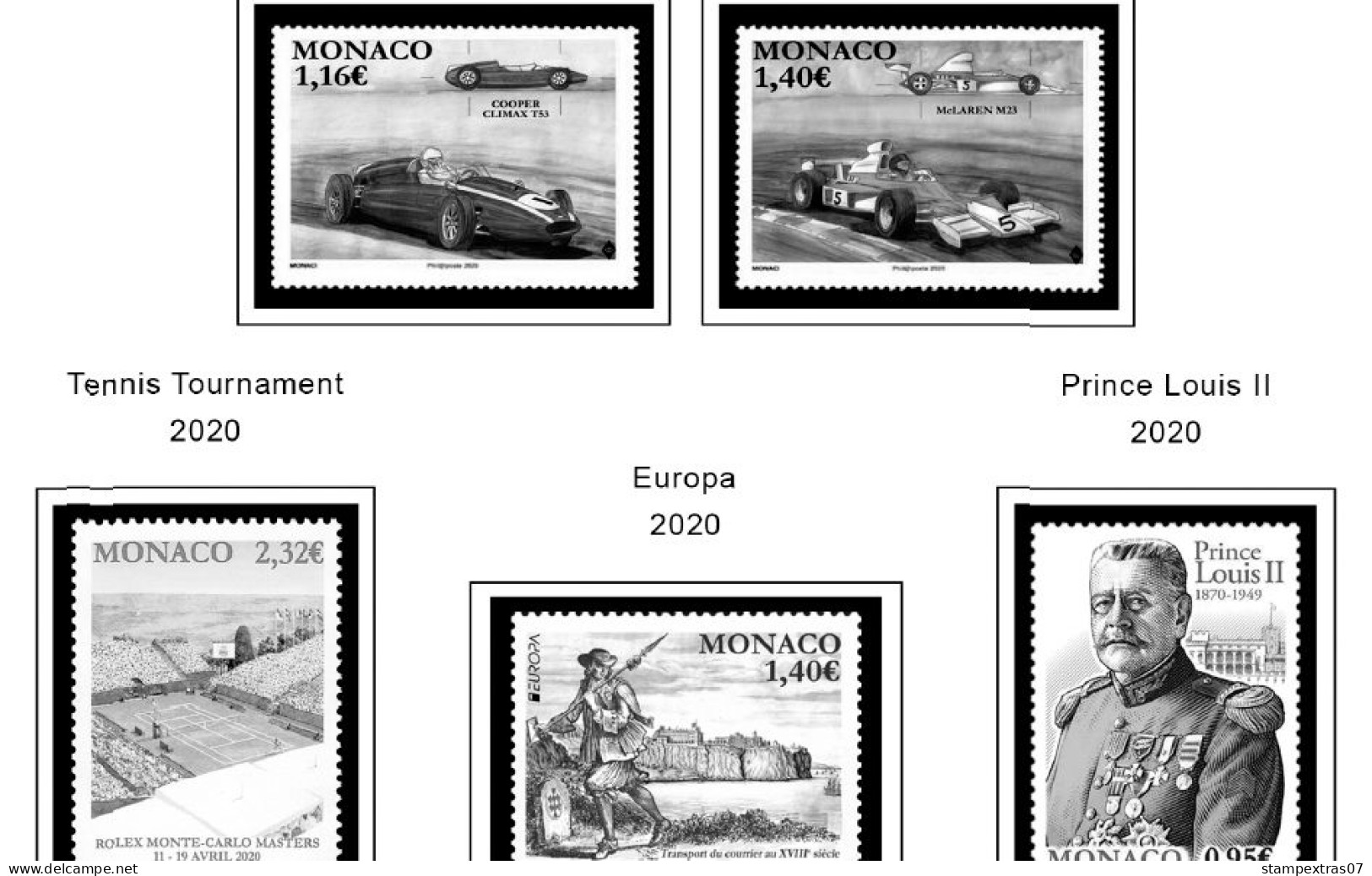 MONACO 1855-2010 + 2011-2020 STAMP ALBUM PAGES (409 b&w illustrated pages)