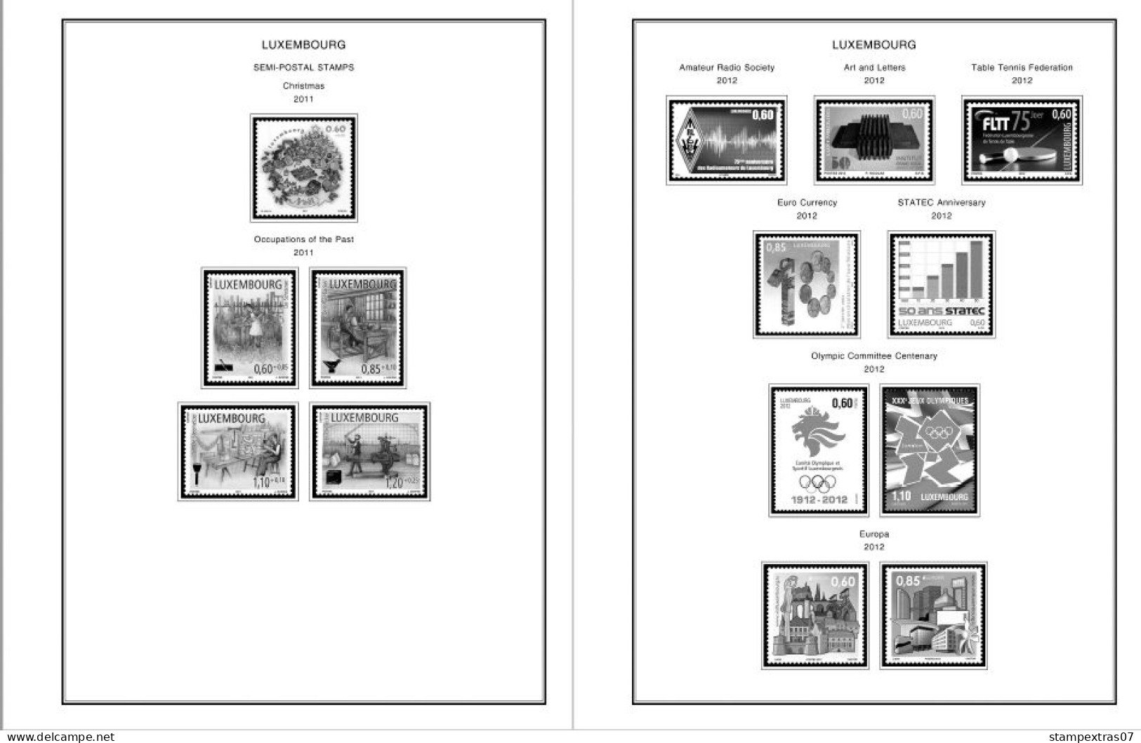 LUXEMBOURG 1852-2010 + 2011-2020 STAMP ALBUM PAGES (244 b&w illustrated pages)