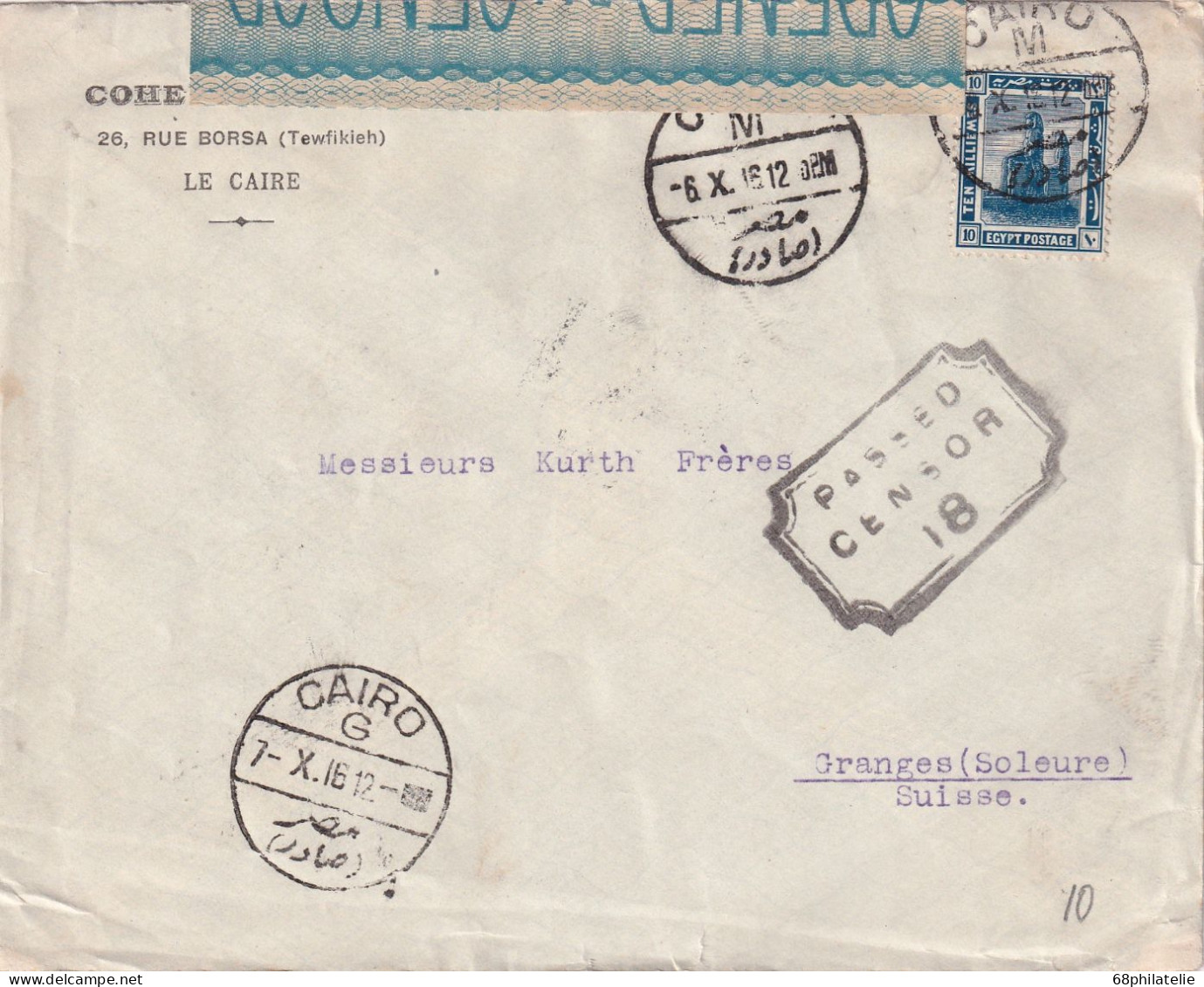 EGYPTE LETTRE DE CAIRO AVEC CENSURE 1916 - 1915-1921 British Protectorate