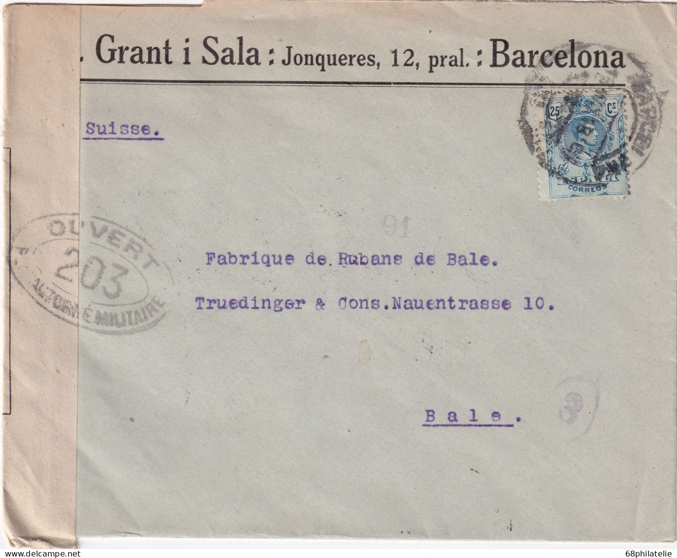 ESPAGNE LETTRE POUR LA SUISSE 1918 AVEC CENSURE FRANCAISE - Cartas & Documentos