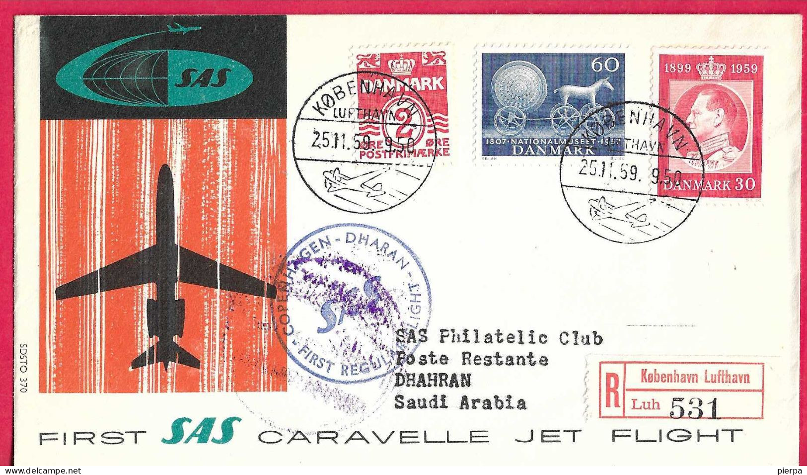 DANMARK - FIRST CARAVELLE FLIGHT - SAS - FROM KOBENHAVN TO DHAHRAN *25.11.59* ON OFFICIAL REGISTERED COVER - Poste Aérienne