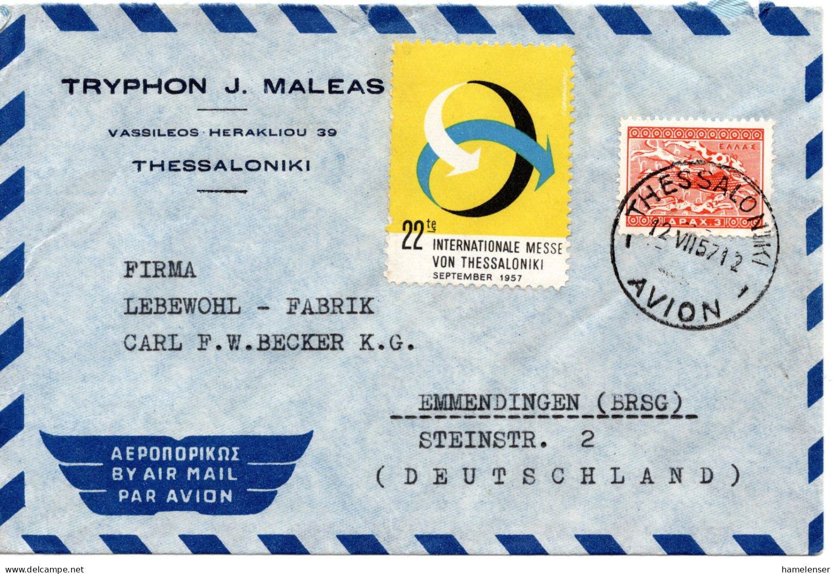 64896 - Griechenland - 1957 - 3Dr EF A LpBf THESSALONIKI -> Westdeutschland, M Messe-Aufkleber - Storia Postale