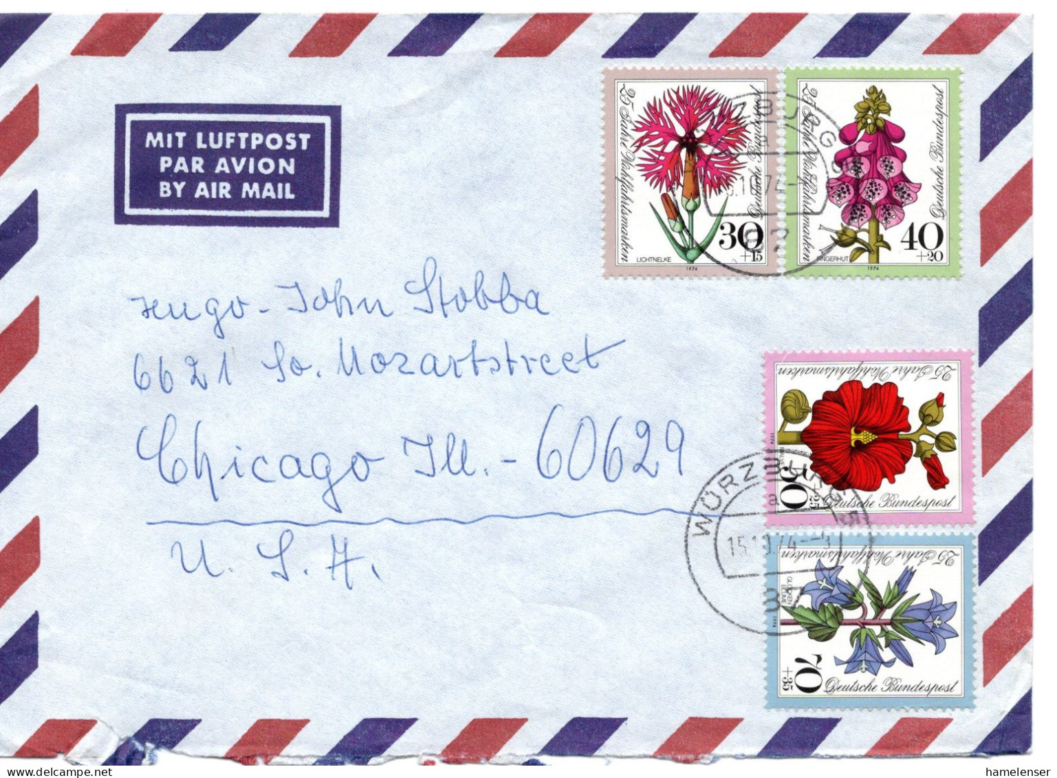 64897 - Bund - 1974 - WoFa '74 Kpl Satz A LpBf WUERZBURG -> Chicago, IL (USA) - Lettres & Documents