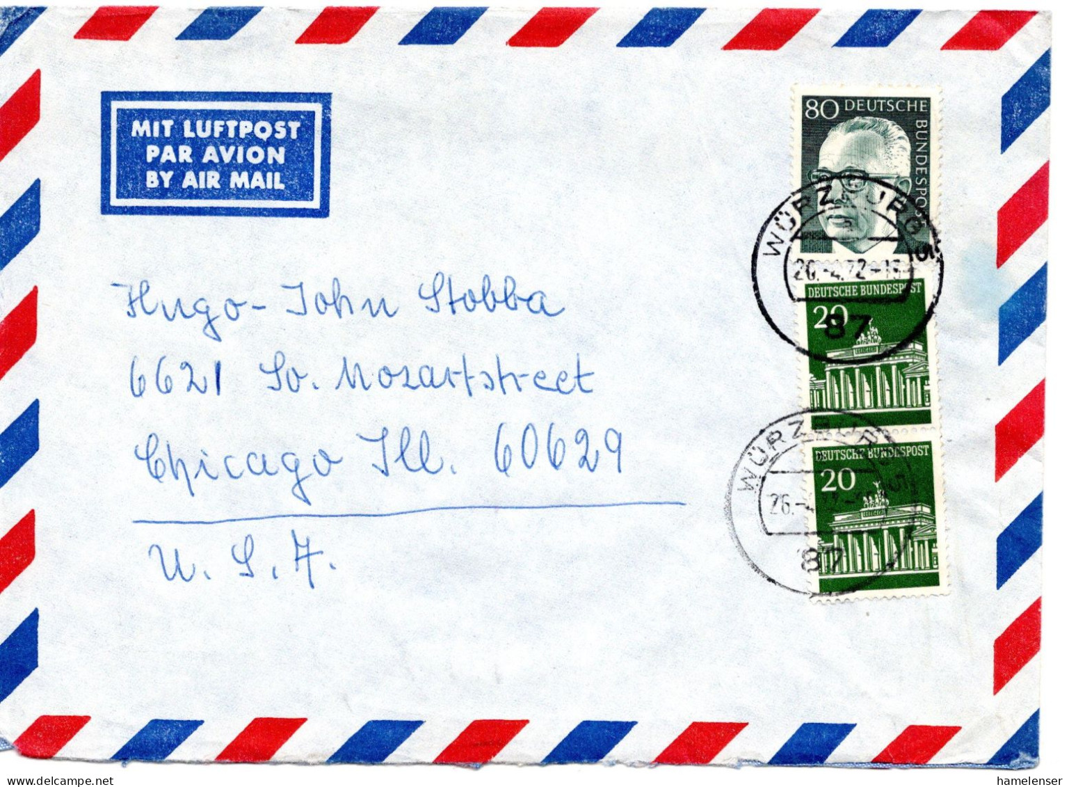 64898 - Bund - 1972 - 80Pfg Heinemann MiF A LpBf WUERZBURG -> Chicago, IL (USA) - Storia Postale