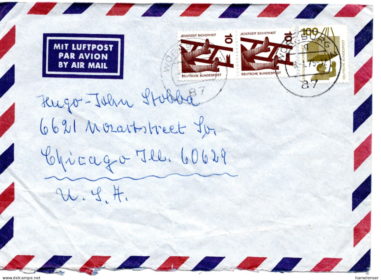 64900 - Bund - 1975 - 100Pfg Unfall MiF A LpBf WUERZBURG -> Chicago, IL (USA) - Storia Postale