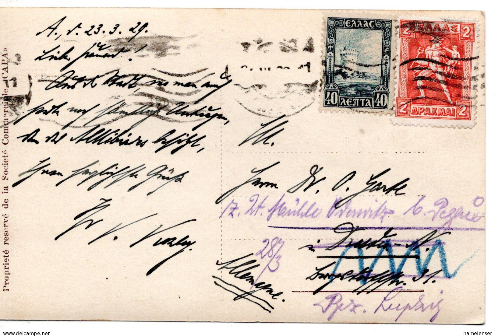 64902 - Griechenland - 1929 - 2Dr MiF A AnsKte ATHINAI -> Deutschland - Covers & Documents