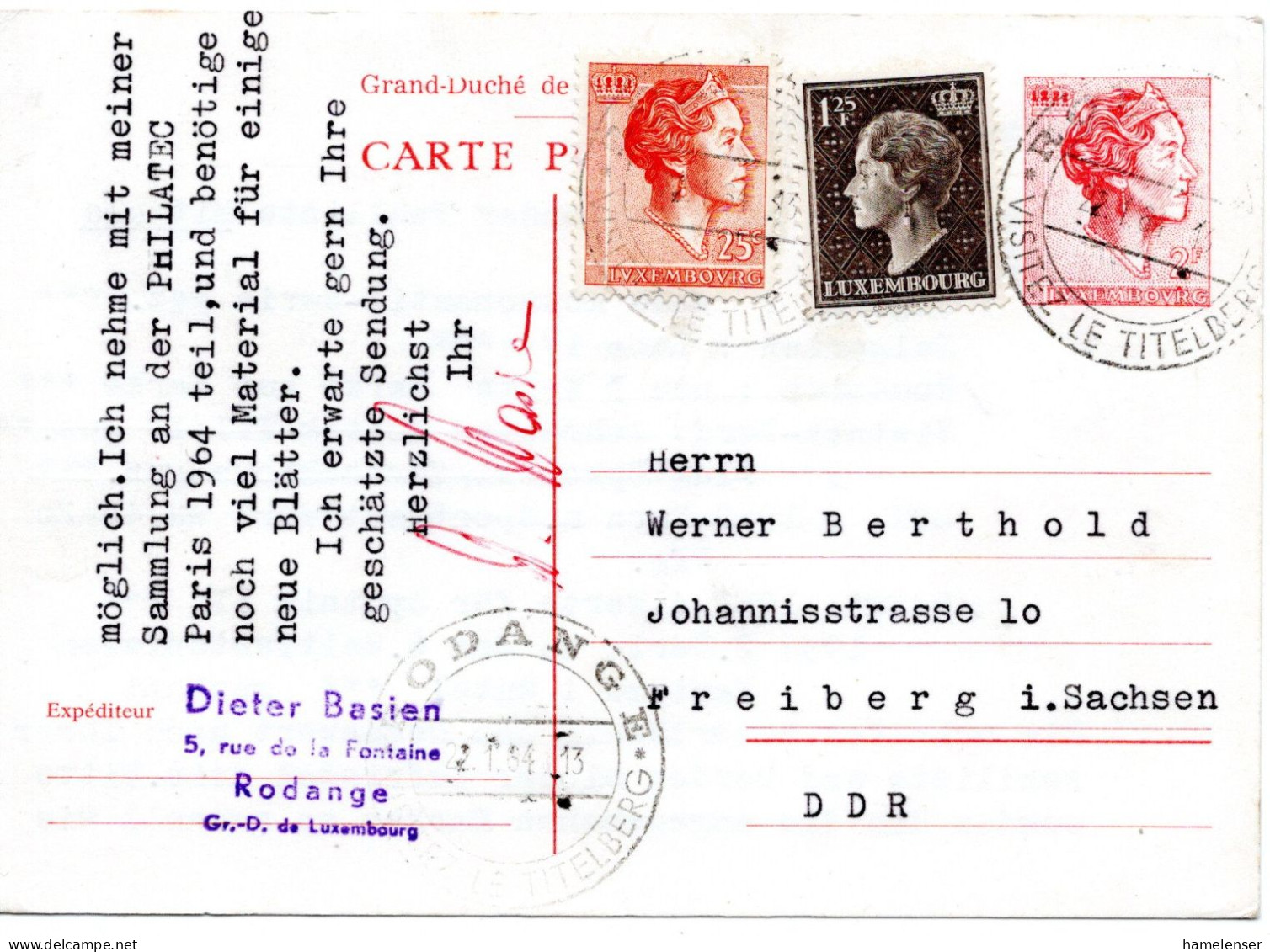 64904 - Luxemburg - 1964 - 2F Charlotte GAKte M ZusFrankatur RODANGE - VISITEZ LE TITELBERG -> DDR - Storia Postale