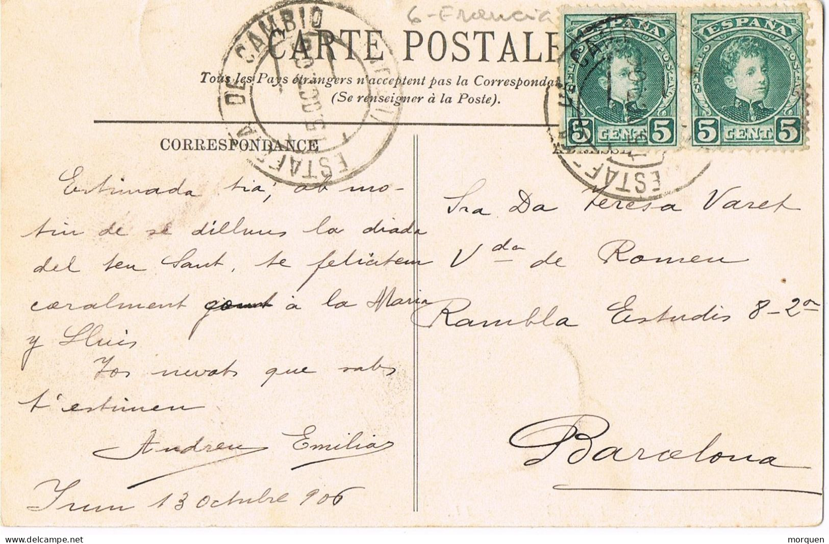 49576. Postal IRUN (estafeta De Cambio) Guipuzcoa 1906. Vista Hotel Victoria De Biarritz - Cartas & Documentos