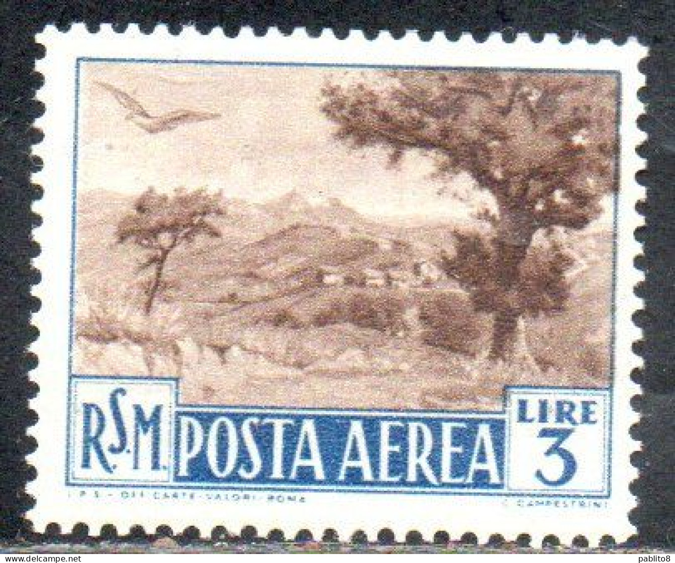 REPUBBLICA DI SAN MARINO 1950 POSTA AEREA AIR MAIL VIEWS VEDUTE LIRE 3 MNH - Airmail