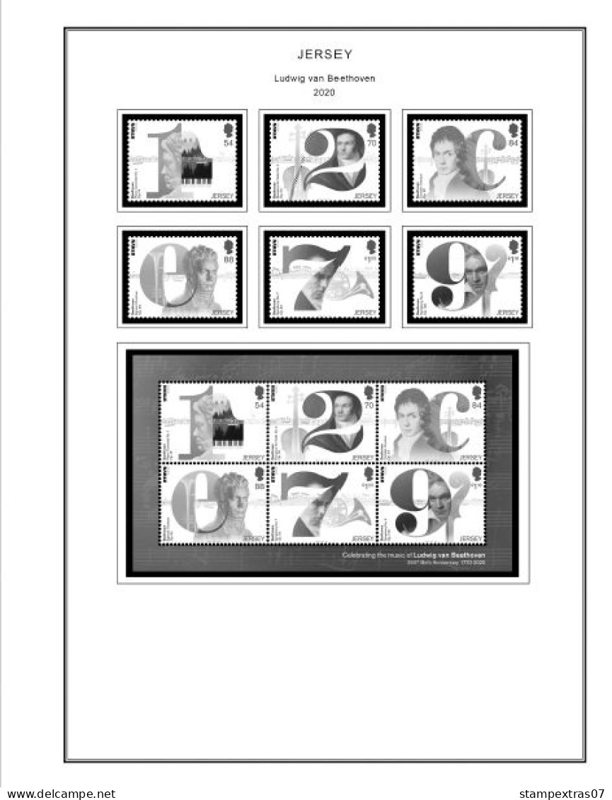 GB JERSEY 1958-2010 + 2011-2020 STAMP ALBUM PAGES (333 b&w illustrated pages)