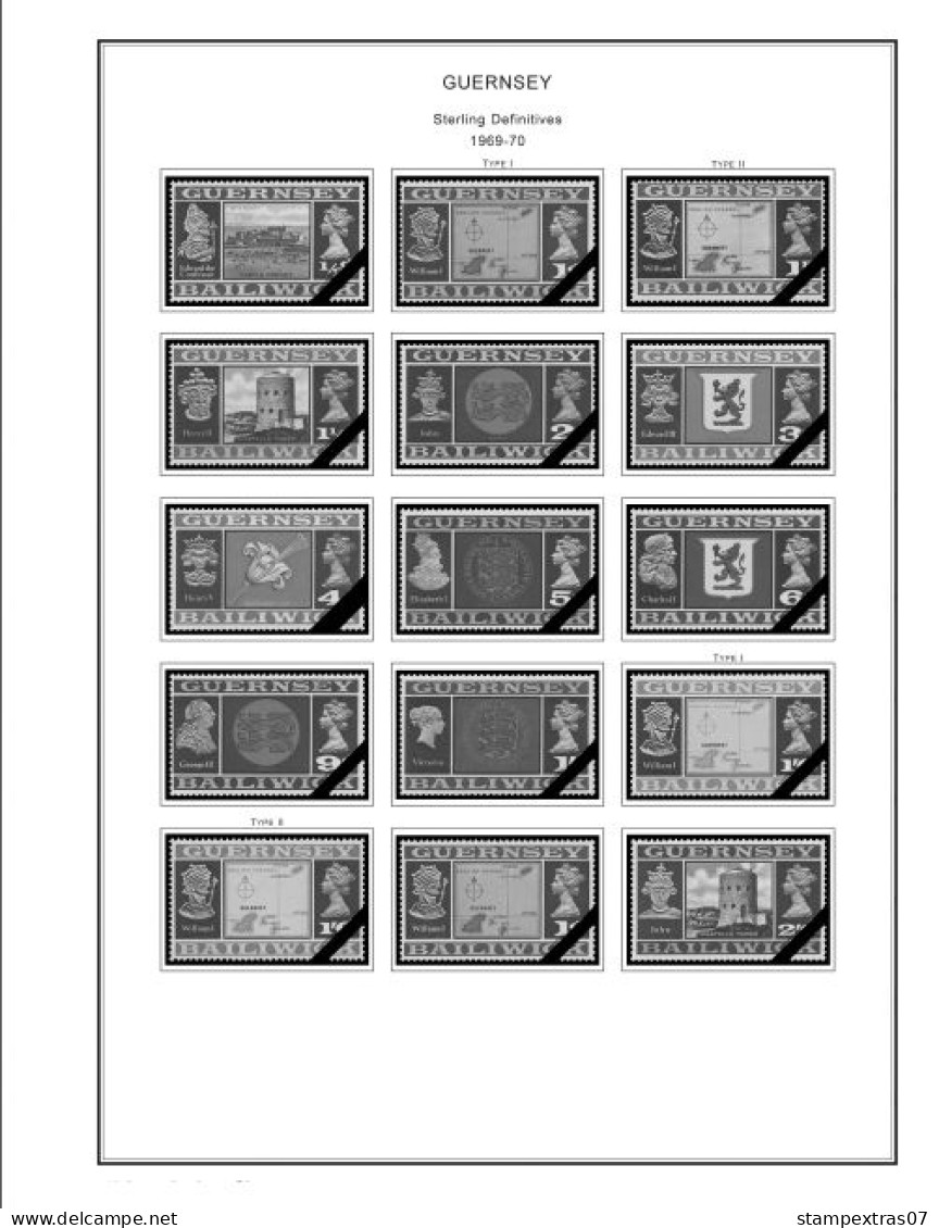 GB GUERNSEY 1958-2010 + 2011- 2020 STAMP ALBUM PAGES (212 B&w Illustrated Pages) - English