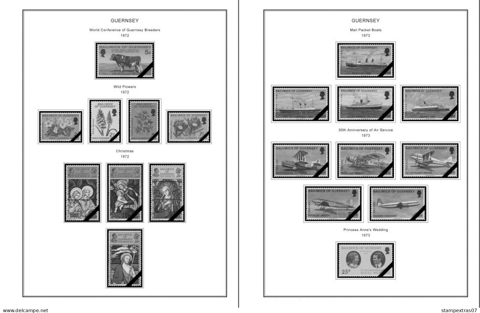 GB GUERNSEY 1958-2010 + 2011- 2020 STAMP ALBUM PAGES (212 B&w Illustrated Pages) - Inglés