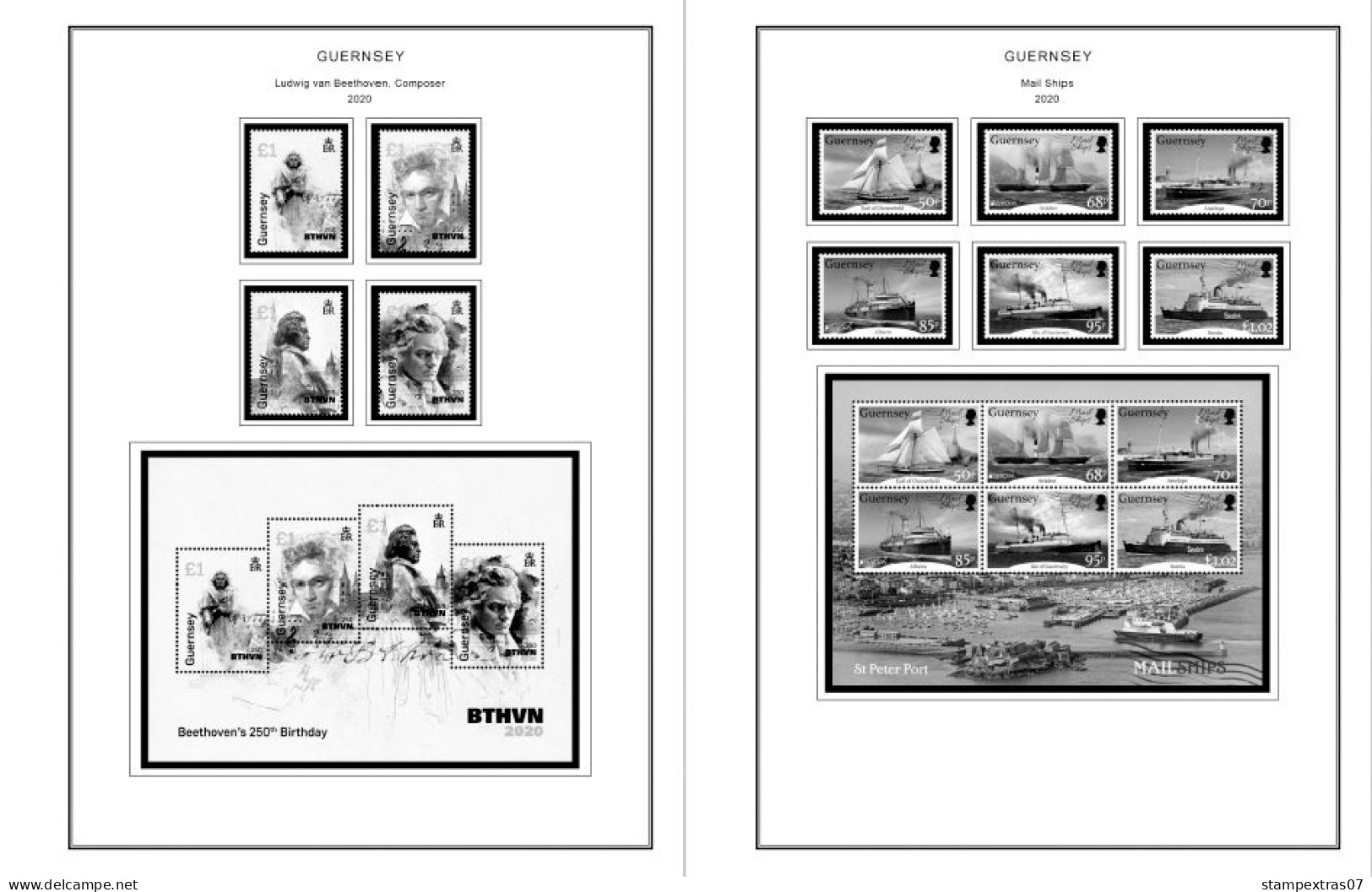GB GUERNSEY 1958-2010 + 2011- 2020 STAMP ALBUM PAGES (212 b&w illustrated pages)
