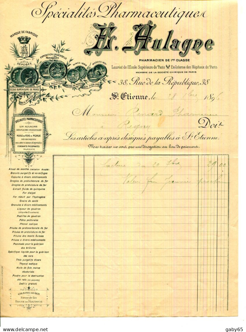 FACTURE.42.SAINT ETIENNE.LIN .HUILE DE FOIE DE MORUE.SPECIALITES PHARMACEUTIQUES.E.AULAGNE 38 RUE DE LA REPUBLIQUE. - Droguerie & Parfumerie