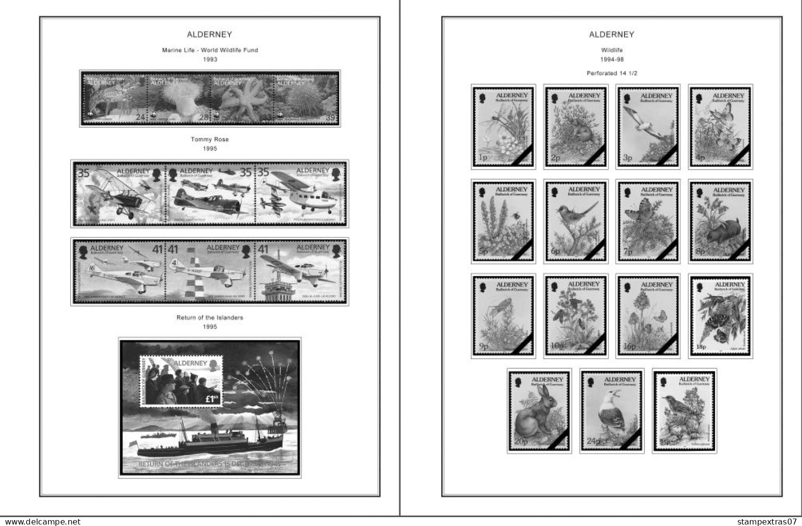 GB ALDERNEY 1983-2010 + 2011-2020 STAMP ALBUM PAGES (89 B&w Illustrated Pages) - Inglés