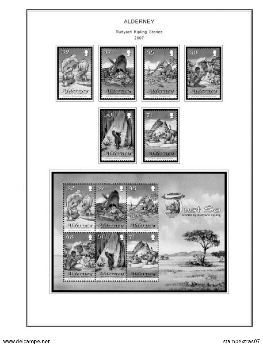 GB ALDERNEY 1983-2010 + 2011-2020 STAMP ALBUM PAGES (89 b&w illustrated pages)