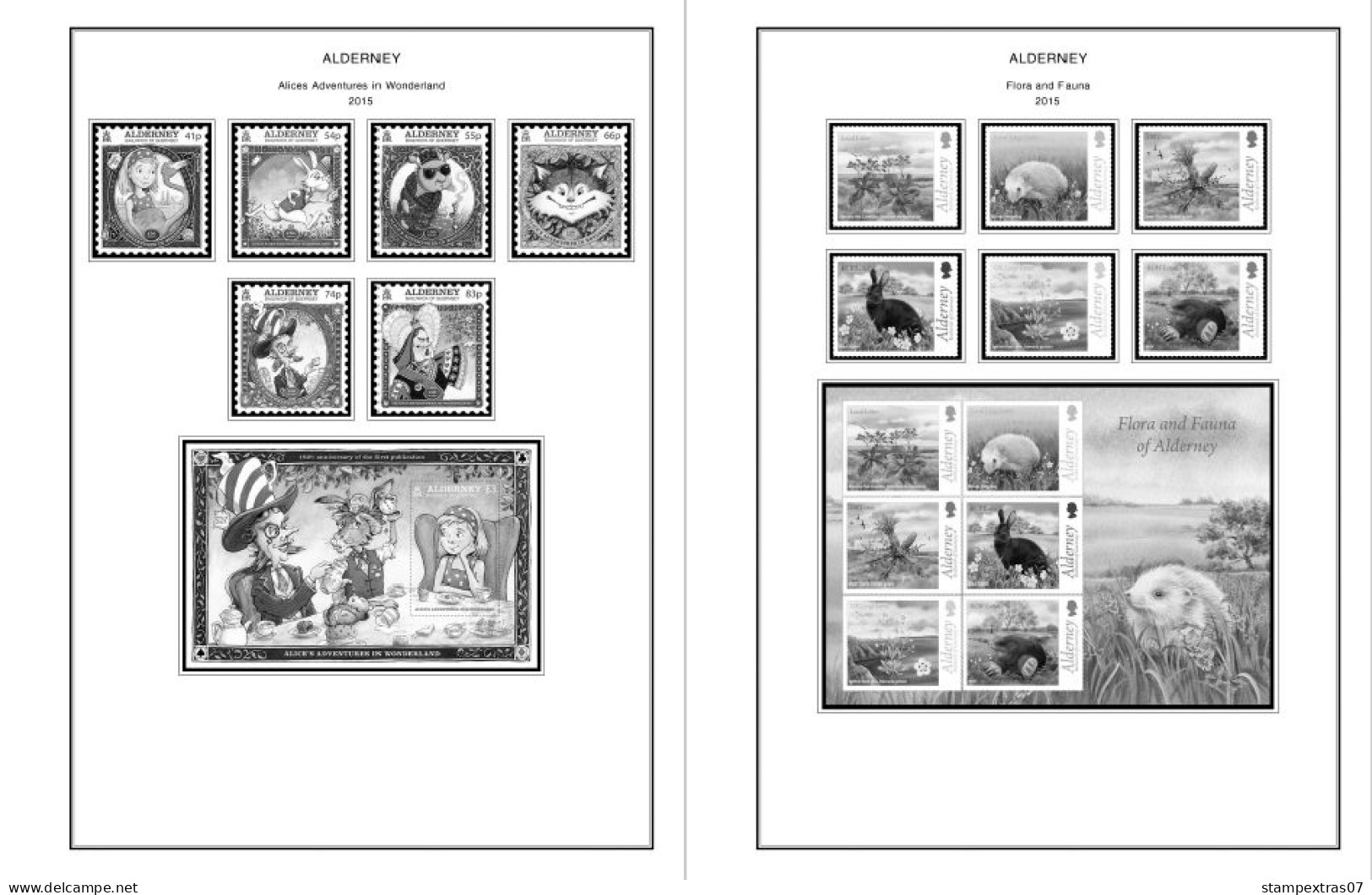 GB ALDERNEY 1983-2010 + 2011-2020 STAMP ALBUM PAGES (89 b&w illustrated pages)