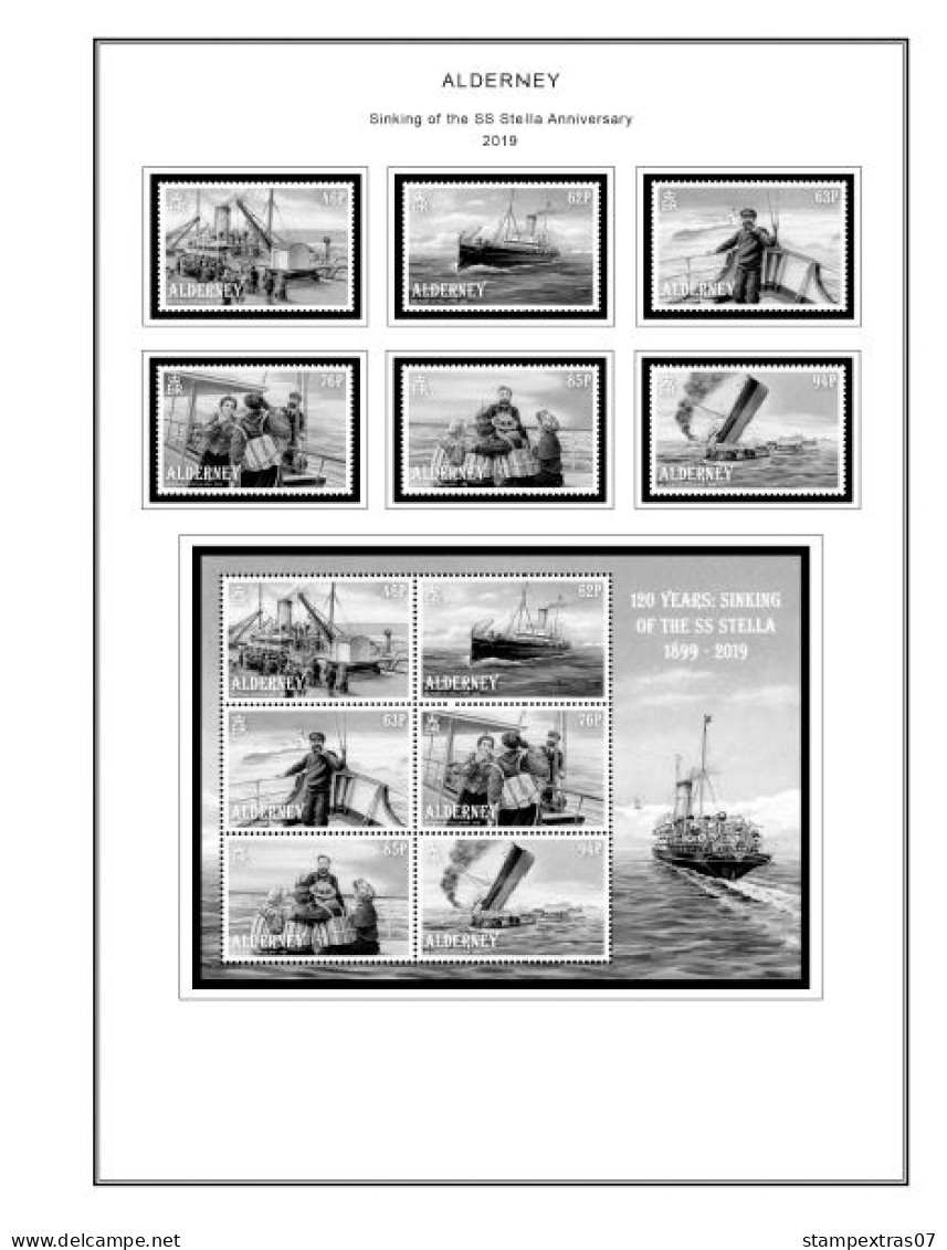 GB ALDERNEY 1983-2010 + 2011-2020 STAMP ALBUM PAGES (89 b&w illustrated pages)