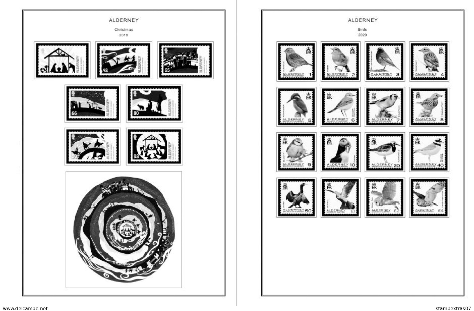 GB ALDERNEY 1983-2010 + 2011-2020 STAMP ALBUM PAGES (89 b&w illustrated pages)