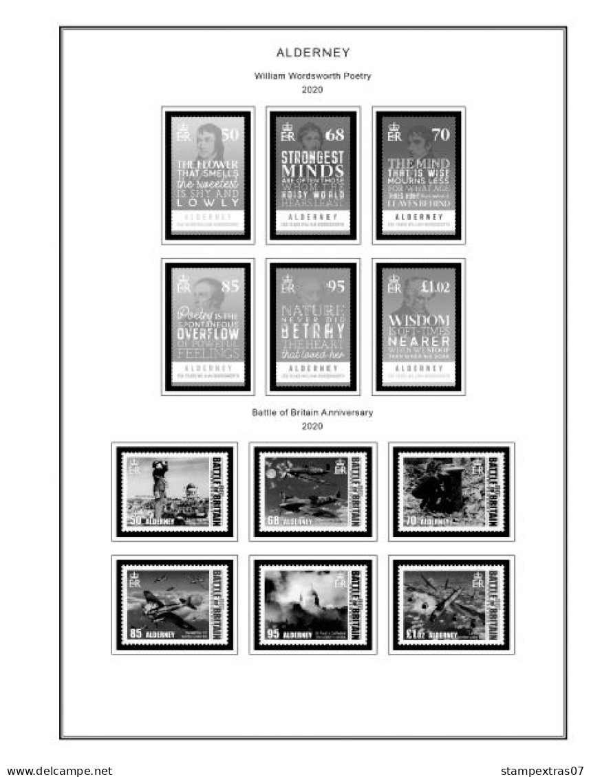 GB ALDERNEY 1983-2010 + 2011-2020 STAMP ALBUM PAGES (89 b&w illustrated pages)