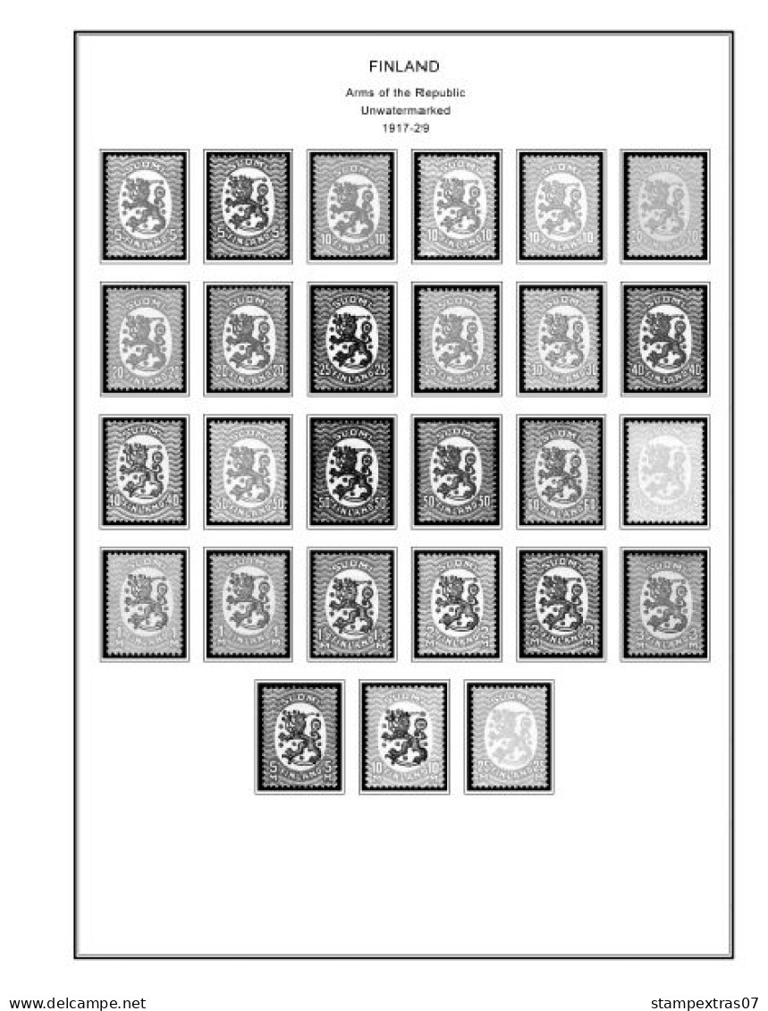 FINLAND 1856-2010 STAMP ALBUM PAGES (218 b&w illustrated pages)