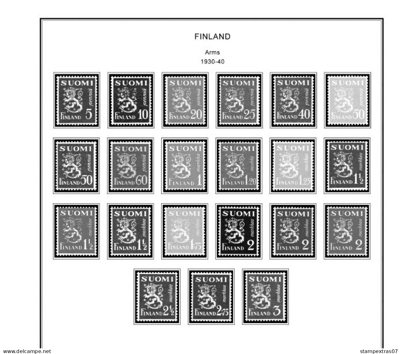 FINLAND 1856-2010 STAMP ALBUM PAGES (218 b&w illustrated pages)