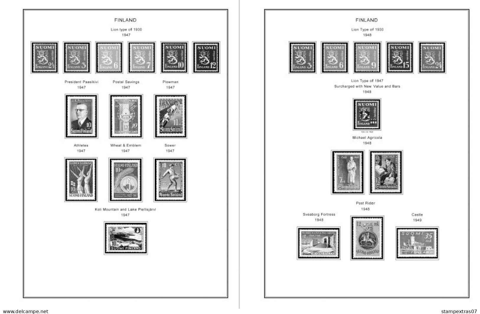 FINLAND 1856-2010 STAMP ALBUM PAGES (218 b&w illustrated pages)