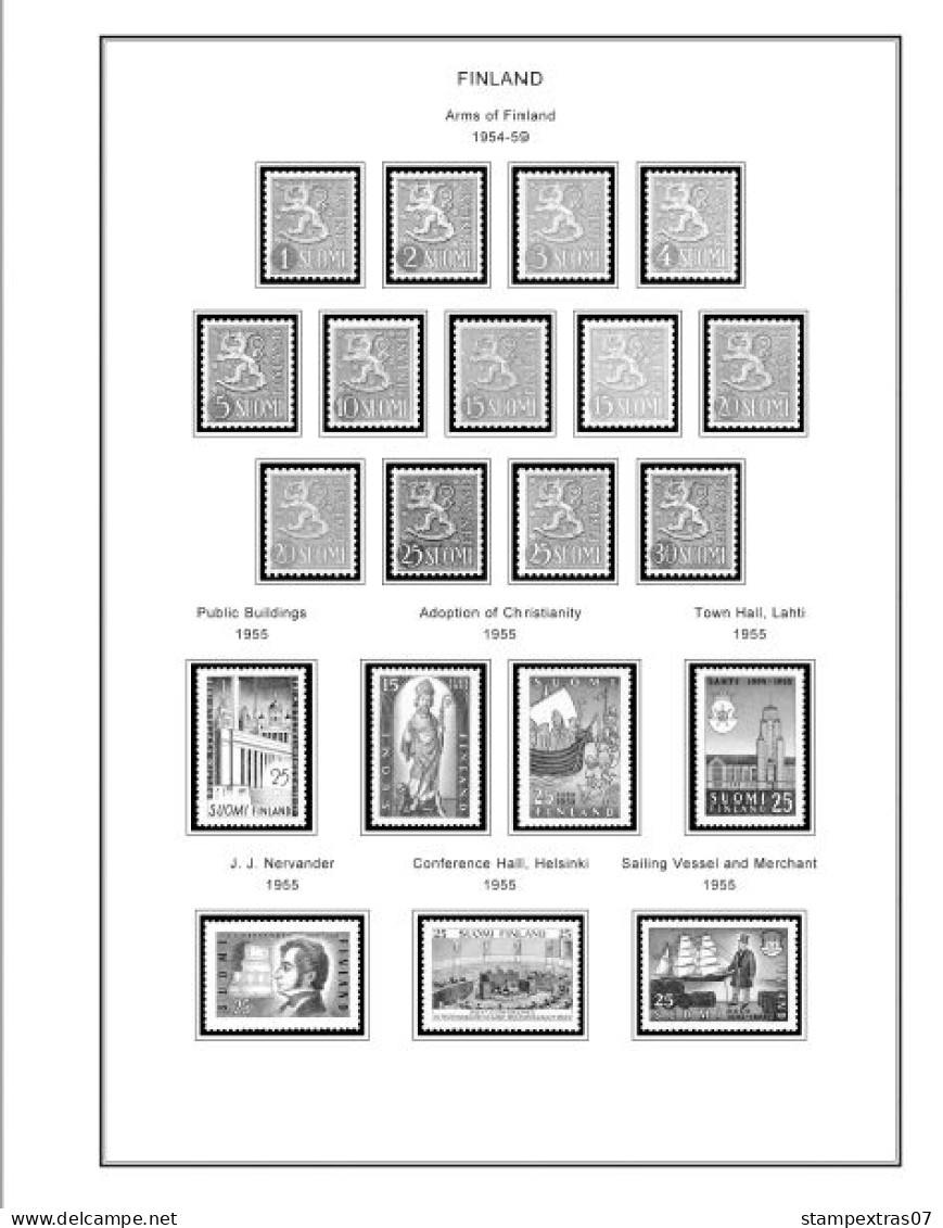 FINLAND 1856-2010 STAMP ALBUM PAGES (218 b&w illustrated pages)