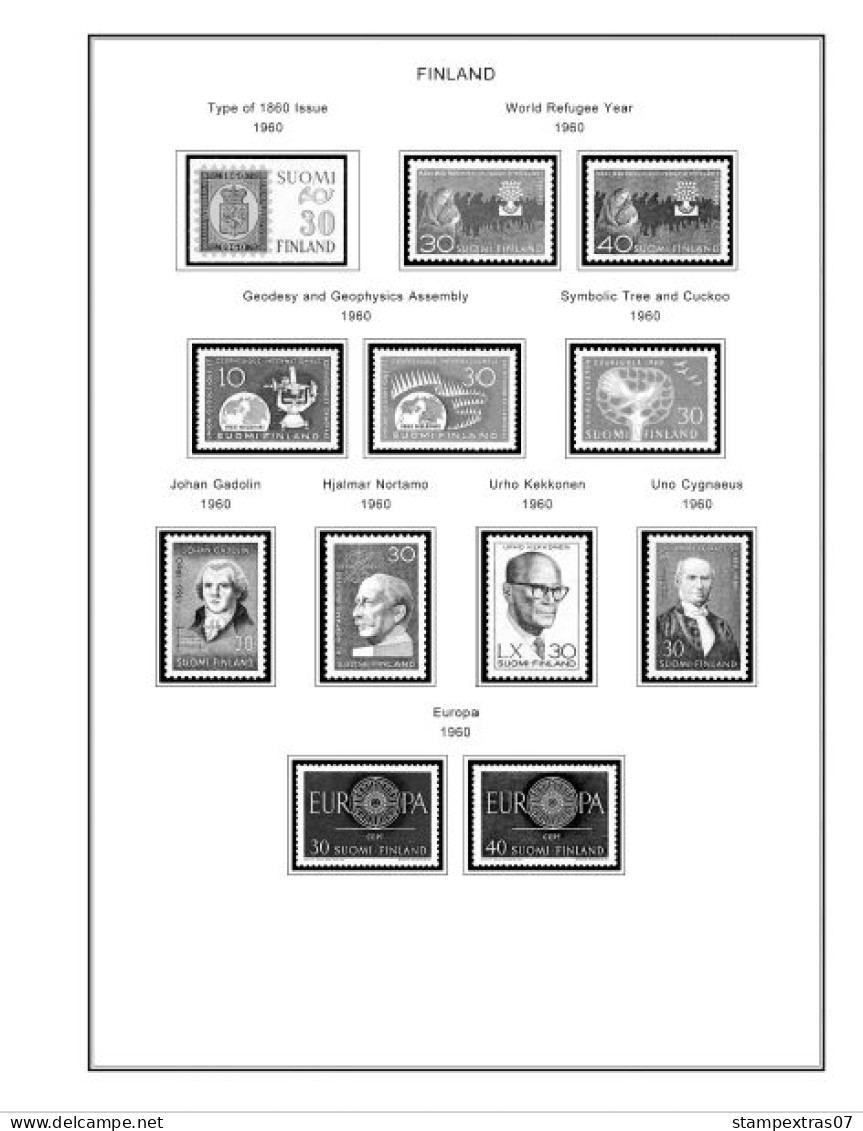 FINLAND 1856-2010 STAMP ALBUM PAGES (218 b&w illustrated pages)