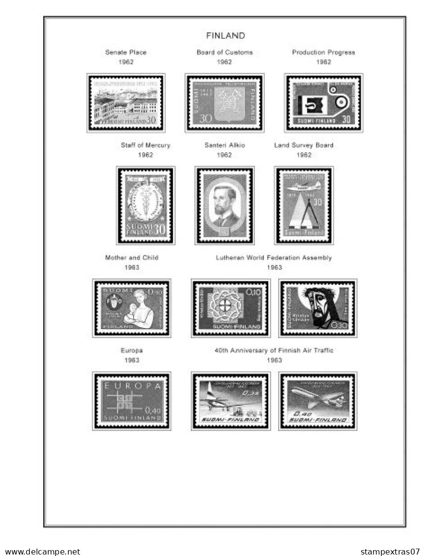 FINLAND 1856-2010 STAMP ALBUM PAGES (218 b&w illustrated pages)