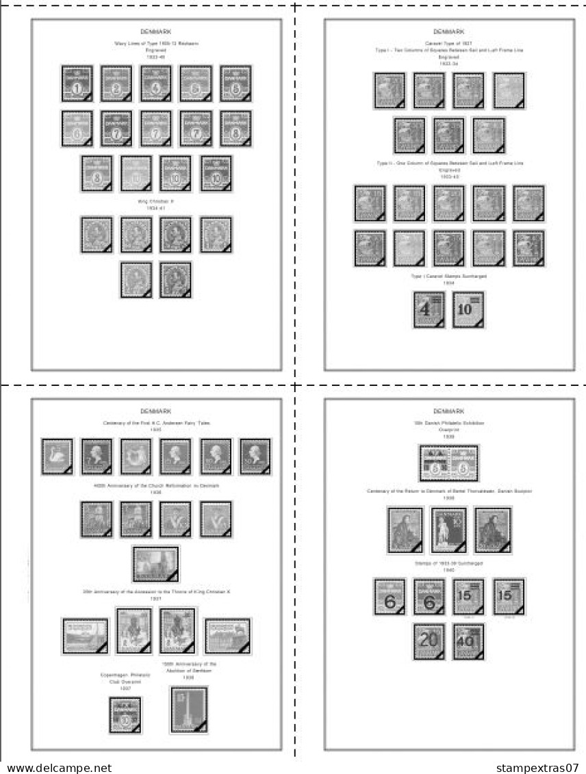 DENMARK 1851-2010 STAMP ALBUM PAGES (186 b&w illustrated pages)