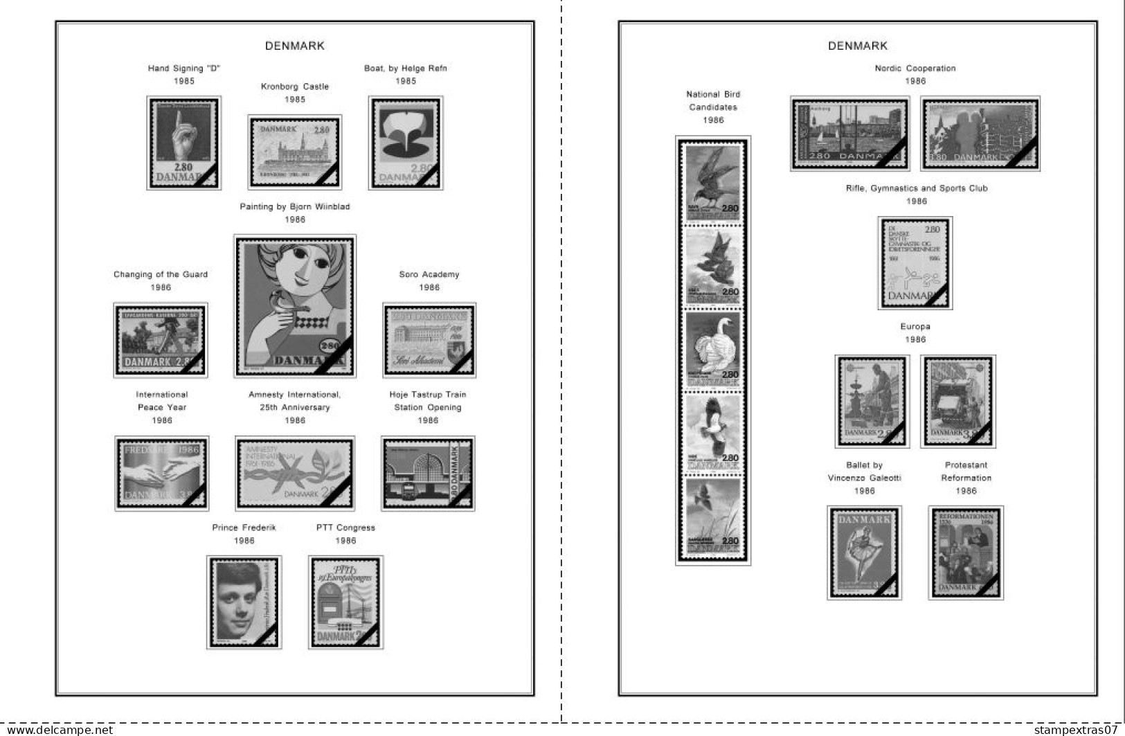 DENMARK 1851-2010 STAMP ALBUM PAGES (186 b&w illustrated pages)