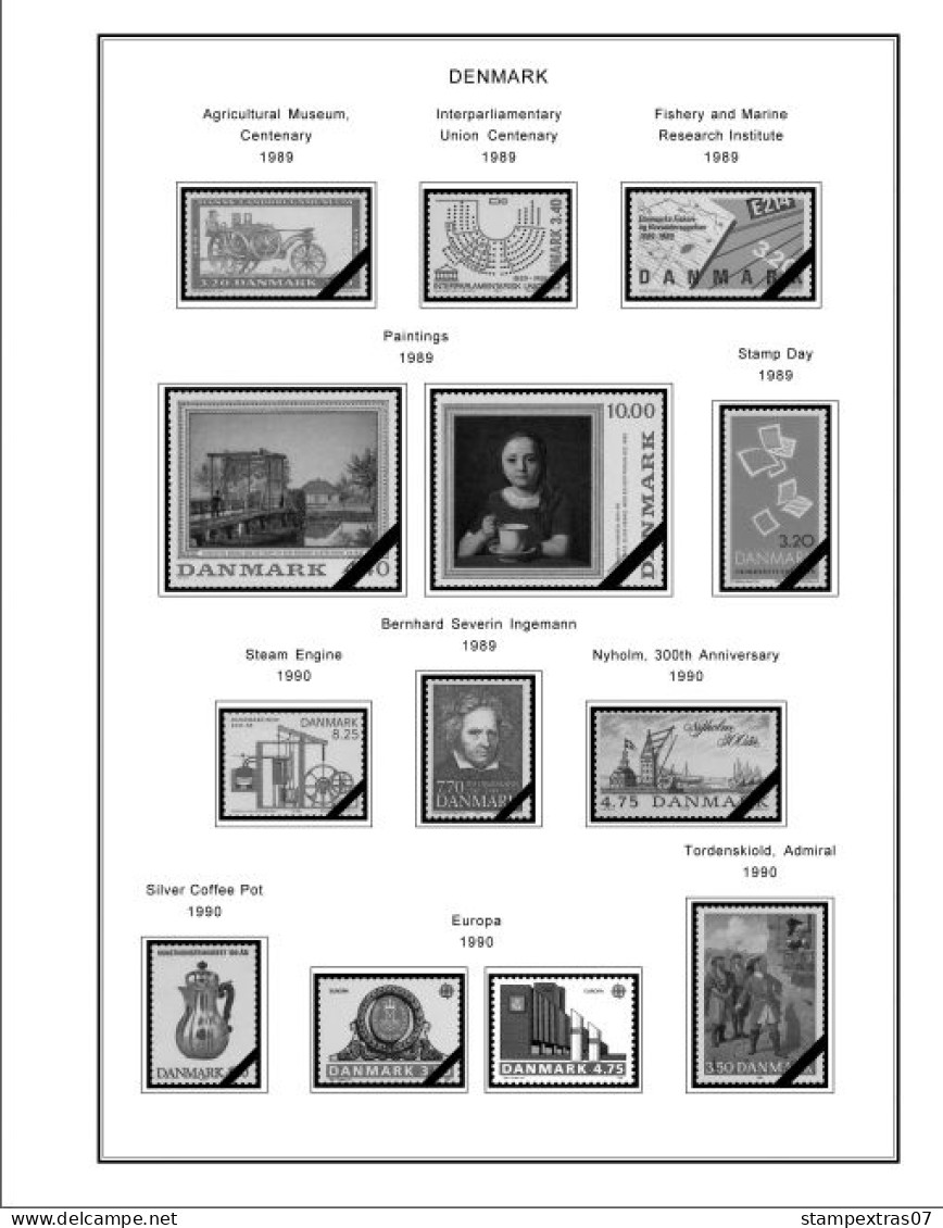 DENMARK 1851-2010 STAMP ALBUM PAGES (186 b&w illustrated pages)