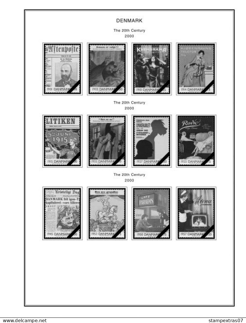 DENMARK 1851-2010 STAMP ALBUM PAGES (186 b&w illustrated pages)