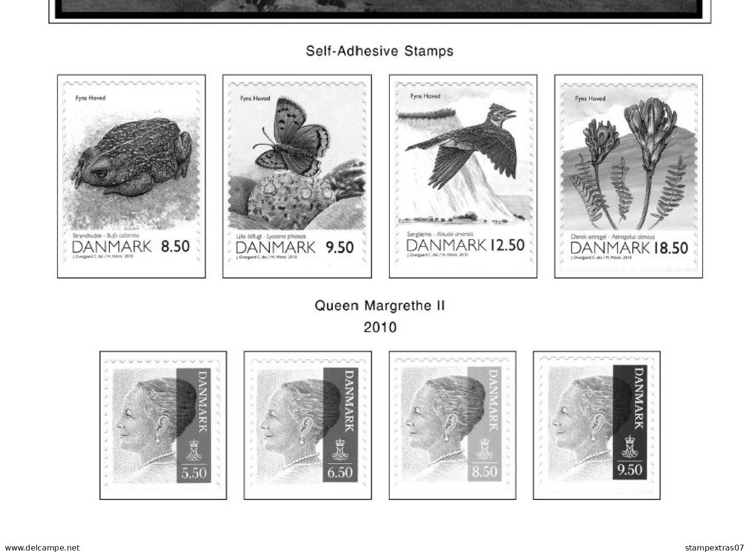 DENMARK 1851-2010 STAMP ALBUM PAGES (186 b&w illustrated pages)