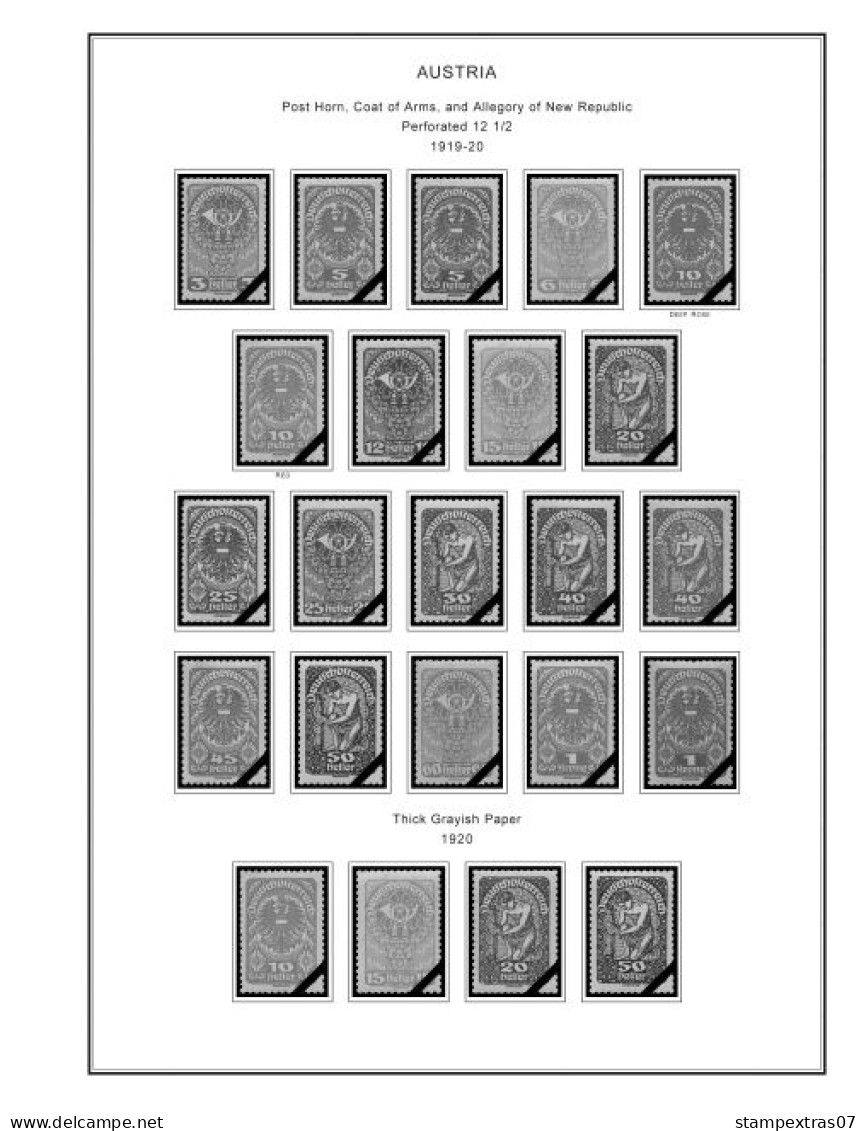 AUSTRIA 1850-2010 + 2011-2020 STAMP ALBUM PAGES (417 b&w illustrated pages)