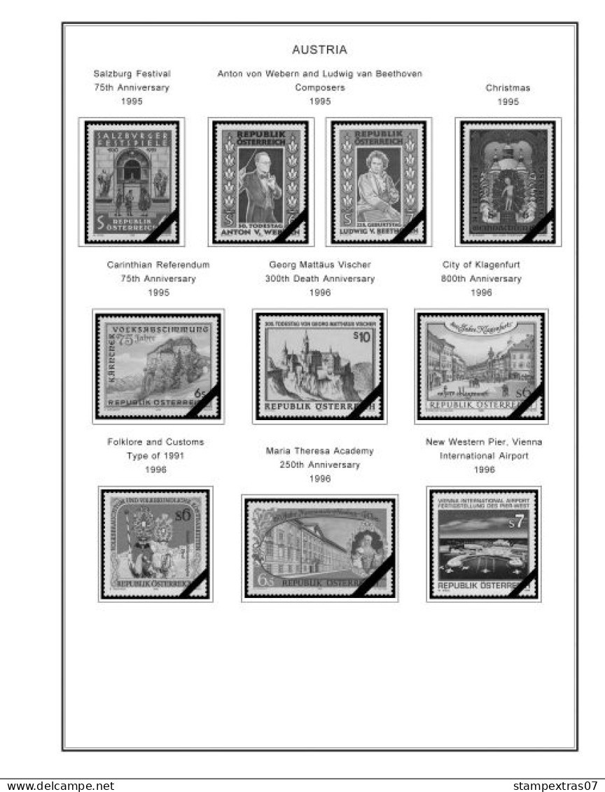 AUSTRIA 1850-2010 + 2011-2020 STAMP ALBUM PAGES (417 b&w illustrated pages)