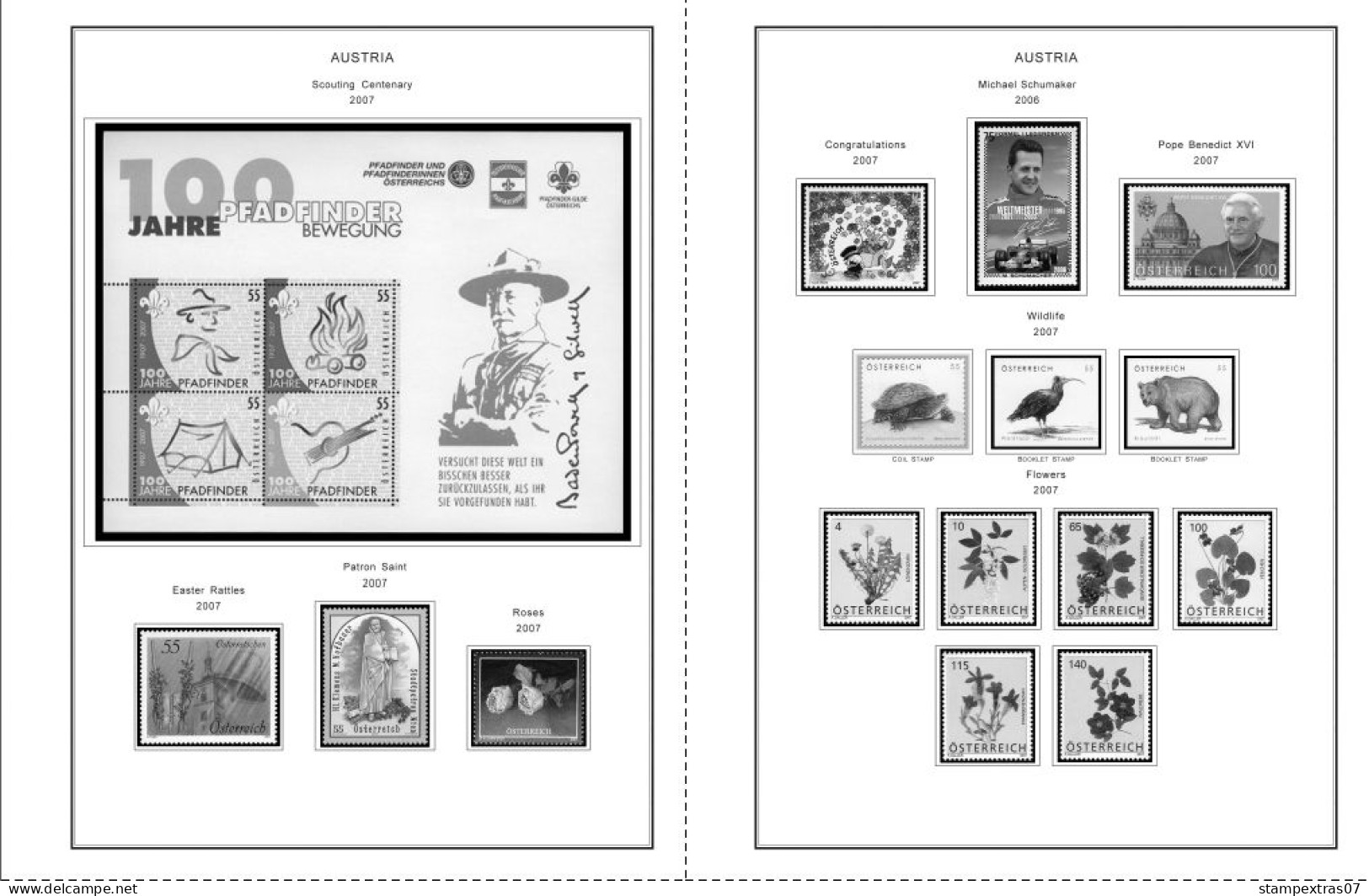 AUSTRIA 1850-2010 + 2011-2020 STAMP ALBUM PAGES (417 b&w illustrated pages)